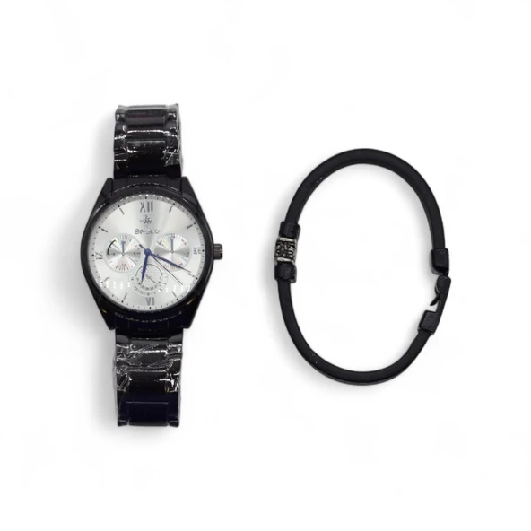 S Polo Erkek Saat Bileklik  Kombin Set Kutu Stil-2 Siyah Renk