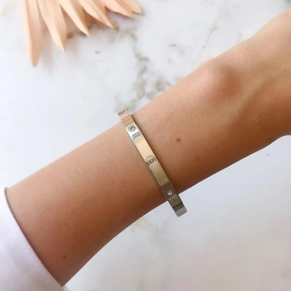 Taşlı Gümüş Çelik Bileklik - 2