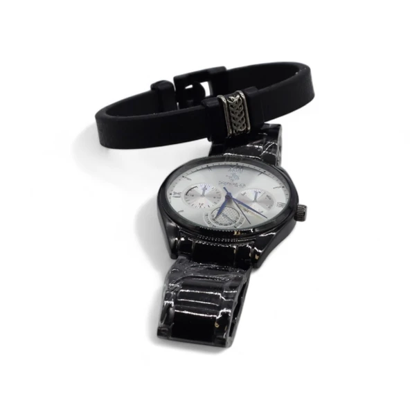 S Polo Erkek Saat Bileklik  Kombin Set Kutu Stil-2 Siyah Renk - 4