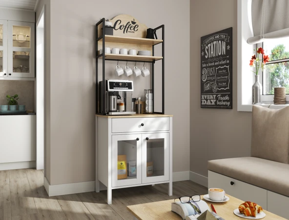 Hunerika Alva 2 Kapaklı1 Çekmeceli kahve dolabı-Wood Beyaz-Minifiks Bağlantılı