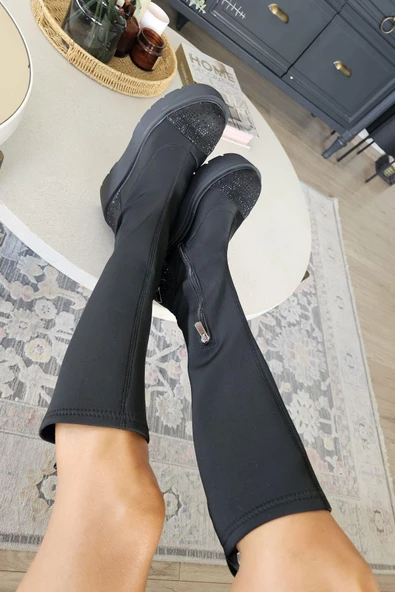 022 222551 Topukla Kadın Hakiki Deri Yandan Fermuarlı Doldu Taban Çizme - 4