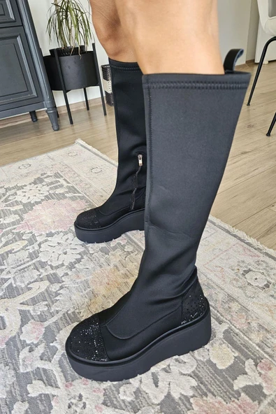 022 222551 Topukla Kadın Hakiki Deri Yandan Fermuarlı Doldu Taban Çizme - 2