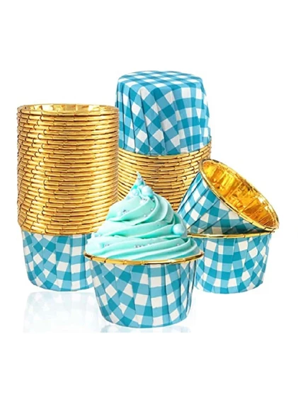 Supertrend Muffin Kek Kapsülü Kare Desenli Mavi-Altın 25li ürün görseli 1