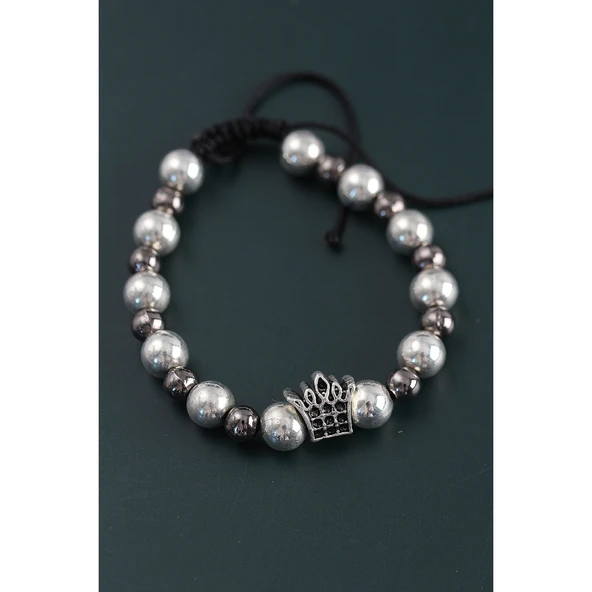 Doğal Taş Kral Tacı Model Gümüş Ve Füme Renk Asansörlü Erkek Bileklik - 2