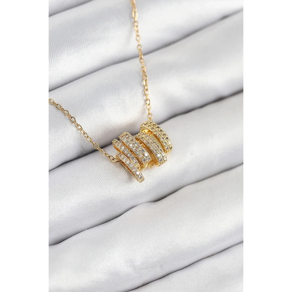 316L Çelik Zirkon Taşlı Sarmal Model Gold Renk Kadın Kolye Vice-5353