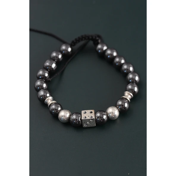 Doğal Taş Zar Model Gümüş Ve Füme Renk Asansörlü Erkek Bileklik - 2