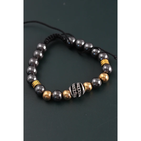 Doğal Taş Sarmal Model Gold Ve Füme Renk Asansörlü Erkek Bileklik - 2