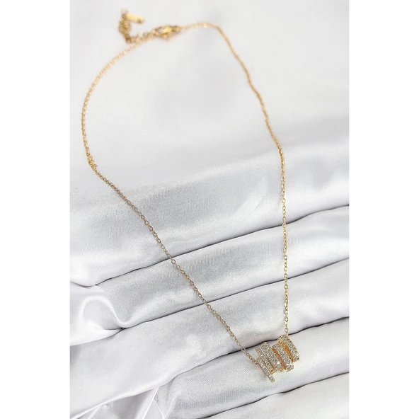 316L Çelik Zirkon Taşlı Sarmal Model Gold Renk Kadın Kolye Vice-5353 - 2