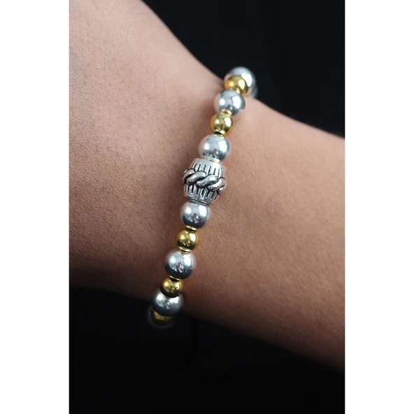 Doğal Taş Sarmal Model Gold Ve Gümüş Renk Asansörlü Erkek Bileklik