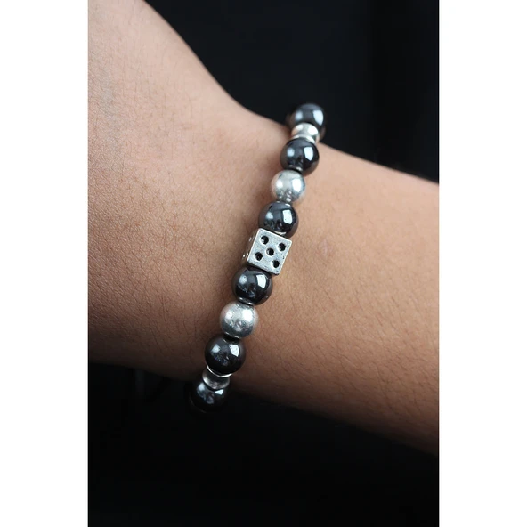 Doğal Taş Zar Model Gümüş Ve Füme Renk Asansörlü Erkek Bileklik