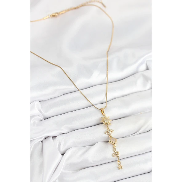 316L Çelik Zirkon Taşlı Güneş Ve Ay Enerji Model Gold Renk Kadın Kolye Vice-5353 - 2