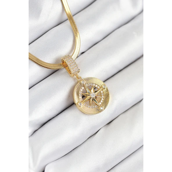 316L Çelik Zirkon Taşlı Pusula Model Gold Renk Kadın Kolye Vice-5353