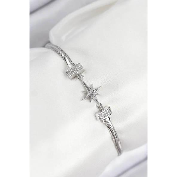 Pirinç Zirkon Taşlı Kutup Yıldızı Model Gümüş Renk Kadın Bileklik Vice-5353
