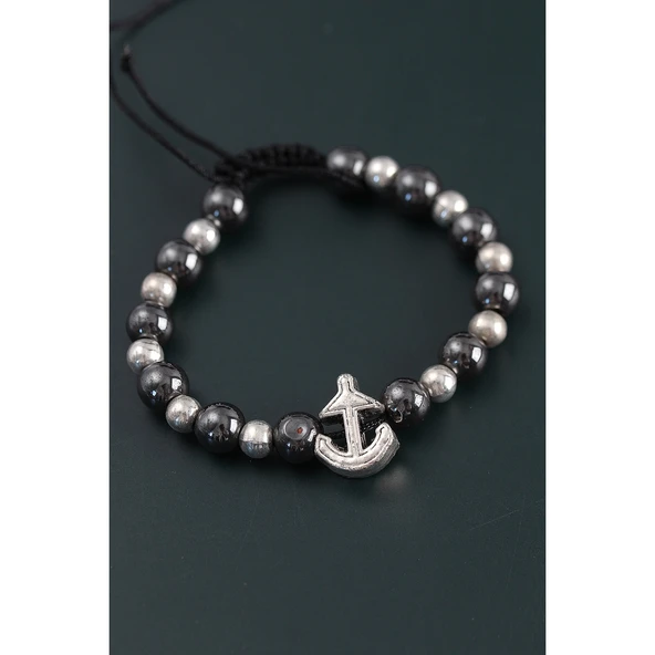 Doğal Taş Çapa Model Gümüş Ve Füme Renk Asansörlü Erkek Bileklik - 2