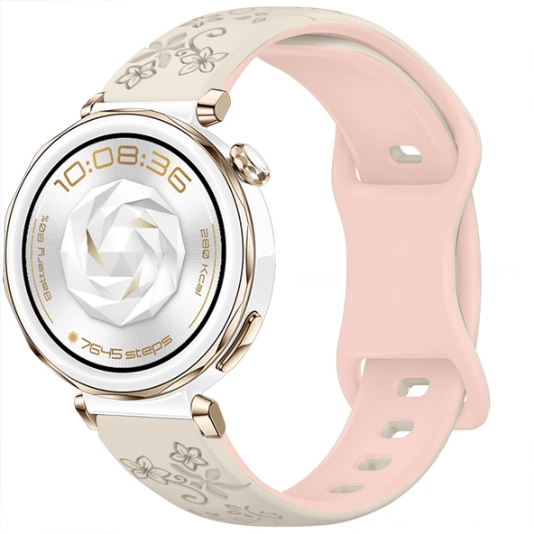 Huawei Watch GT5 Pro 42mm Uyumlu FloraFlex Çiçek Desenli Yumuşak Soft Silikon Kordon  Açık Pembe - Resim 6