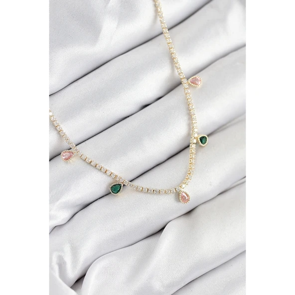 Pirinç Zirkon Taşlı Su Yolu Damla Model Gold Renk Kadın Kolye Vice-5353