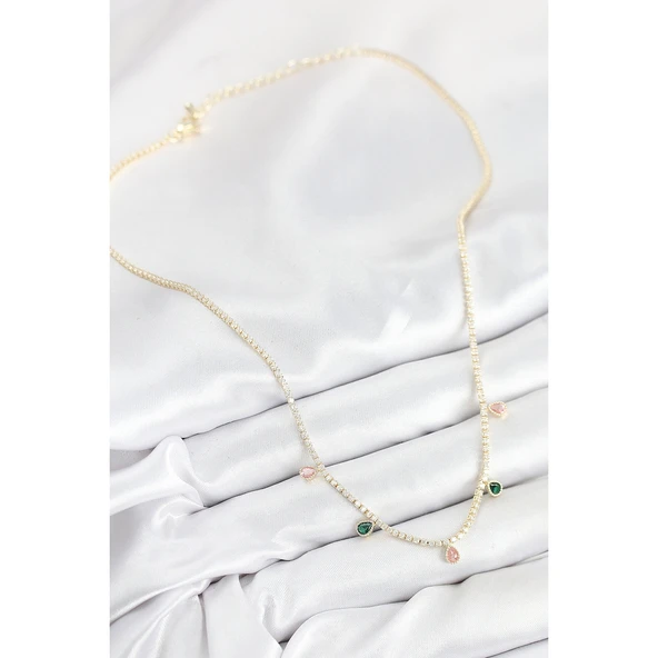 Pirinç Zirkon Taşlı Su Yolu Damla Model Gold Renk Kadın Kolye Vice-5353 - 2