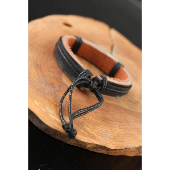 Çelik Aksesuarlı Siyah Renk Deri Erkek Bileklik - 2