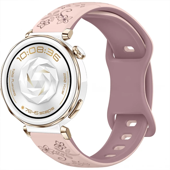 Huawei Watch GT5 Pro 42mm Uyumlu FloraFlex Çiçek Desenli Yumuşak Soft Silikon Kordon  Pembe - Resim 6
