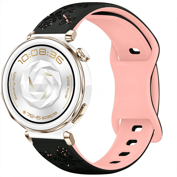 Huawei Watch GT5 Pro 42mm Uyumlu FloraFlex Çiçek Desenli Yumuşak Soft Silikon Kordon  Pudra - Resim 6