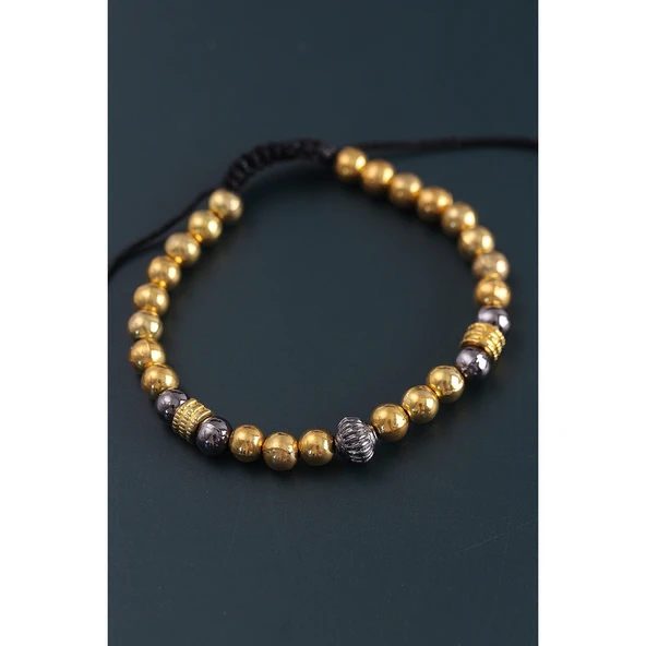 Doğal Taş Çember Model Gold Ve Füme Renk Asansörlü Erkek Bileklik - 2