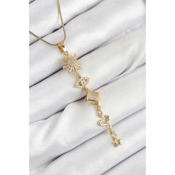 316L Çelik Zirkon Taşlı Güneş Ve Ay Enerji Model Gold Renk Kadın Kolye Vice-5353