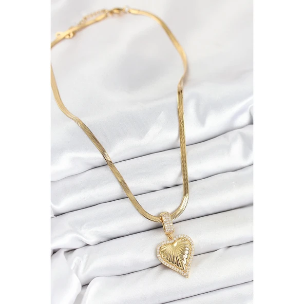 316L Çelik Zirkon Taşlı Kalp Model Gold Renk Kadın Kolye Vice-5353 - 2