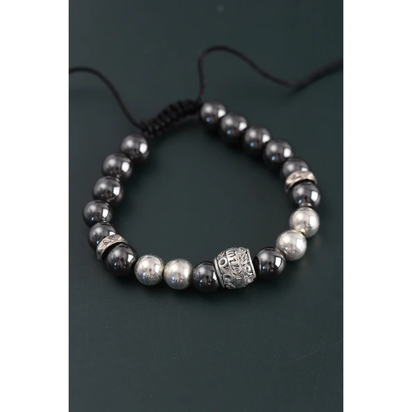 Doğal Taş Family Model Gümüş Ve Füme Renk Asansörlü Erkek Bileklik - 2