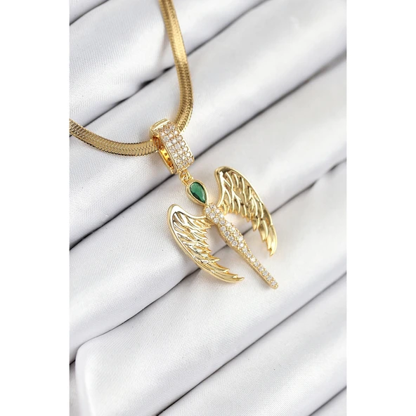 316L Çelik Zirkon Taşlı Melek Model Gold Renk Kadın Kolye Vice-5353