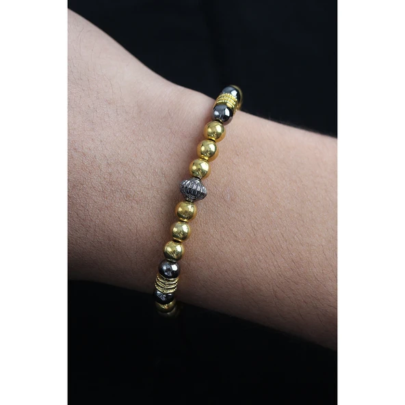 Doğal Taş Çember Model Gold Ve Füme Renk Asansörlü Erkek Bileklik