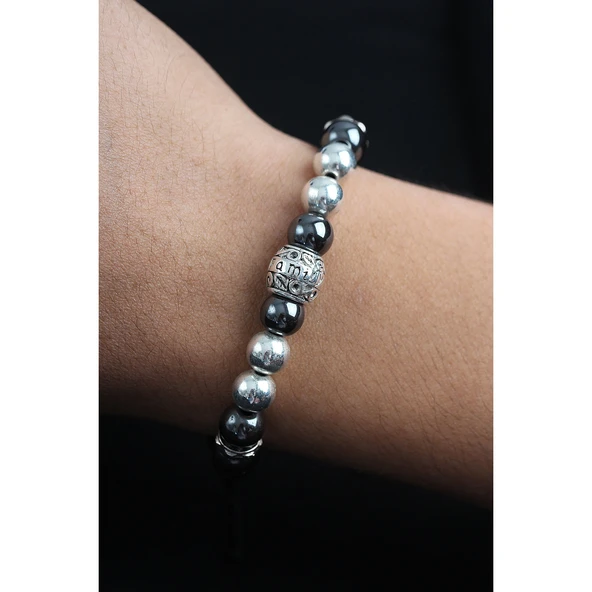 Doğal Taş Family Model Gümüş Ve Füme Renk Asansörlü Erkek Bileklik