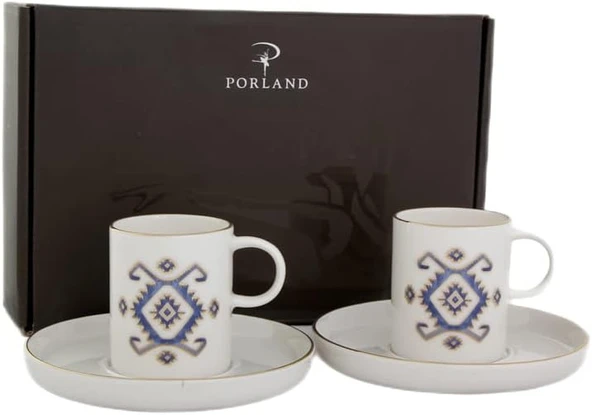 Porland Arabesque Pattern5 Porselen Kahve Seti 4 Adet - Espresso Fincanı  Türk Kahve Fincanı - 2 Fincan - 2 Adet Altlık