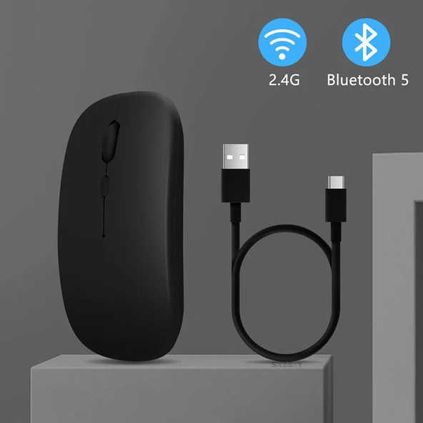 Huawei Tablet Şarj Edilebilir Sessiz Mouse Bluetooth + 2.4Hz Wifi Kablosuz Mouse Fare  Siyah - 3
