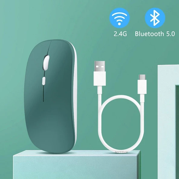Huawei Tablet Şarj Edilebilir Sessiz Mouse Bluetooth + 2.4Hz Wifi Kablosuz Mouse Fare  Haki - 3