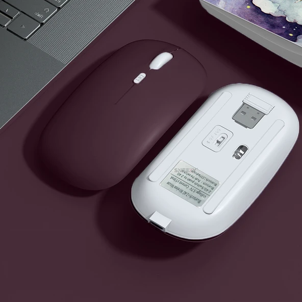 Huawei Tablet Şarj Edilebilir Sessiz Mouse Bluetooth + 2.4Hz Wifi Kablosuz Mouse Fare  Mürdüm - 2