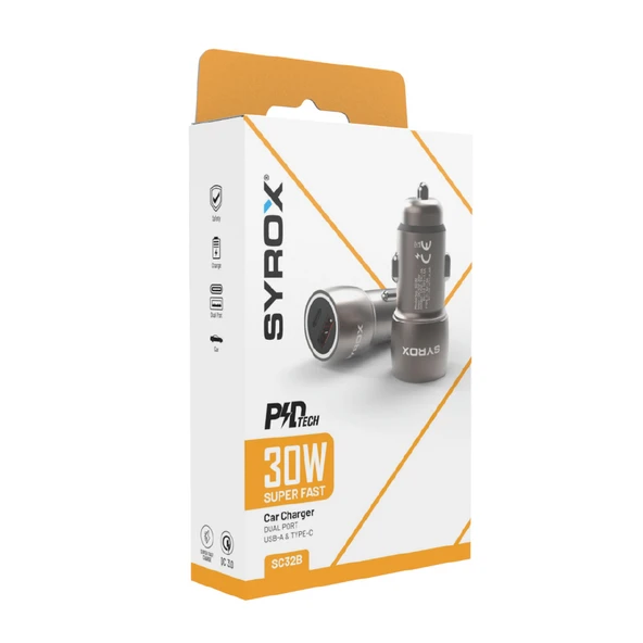 Syrox SC32B 3.1A 30W PD Q.C. 3.0 1xType-C + 1xUSB-A Çıkışlı Hızlı Araç Şarj Cihazı - Metalik Füme - 2