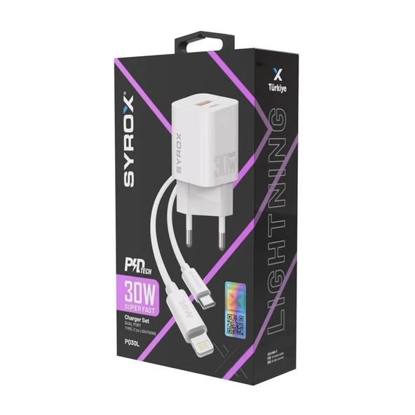 Syrox PDQ30L 3.0A QC 3.0 30W PD 1mt Type-C - Lightning Kablolu 1xType-C Port Çıkışlı Süper Hızlı Şarj Cihazı - Beyaz - 1