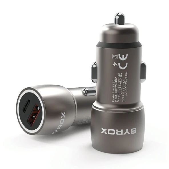 Syrox SC32B 3.1A 30W PD Q.C. 3.0 1xType-C + 1xUSB-A Çıkışlı Hızlı Araç Şarj Cihazı - Metalik Füme - 1