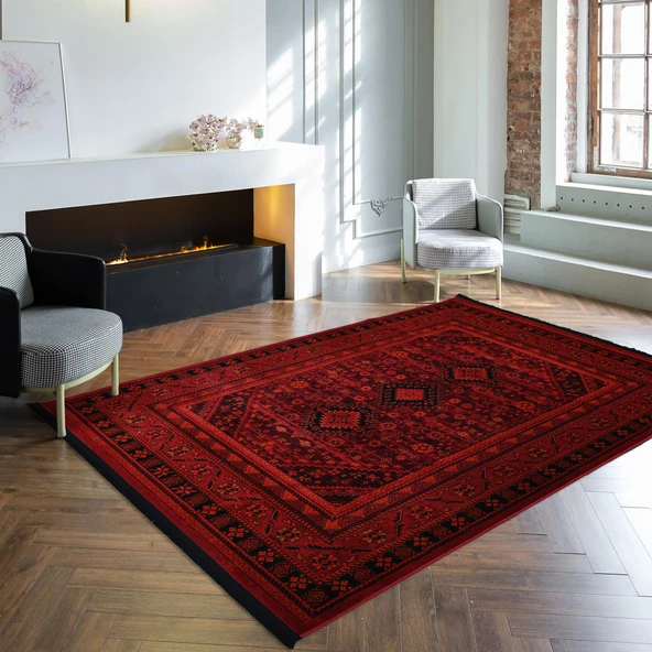 Afgan Türkmen Otantik Desenli Dokuma Kırmızı Oturma Odası Salon Mutfak Halısı Yolluk X380A - 3