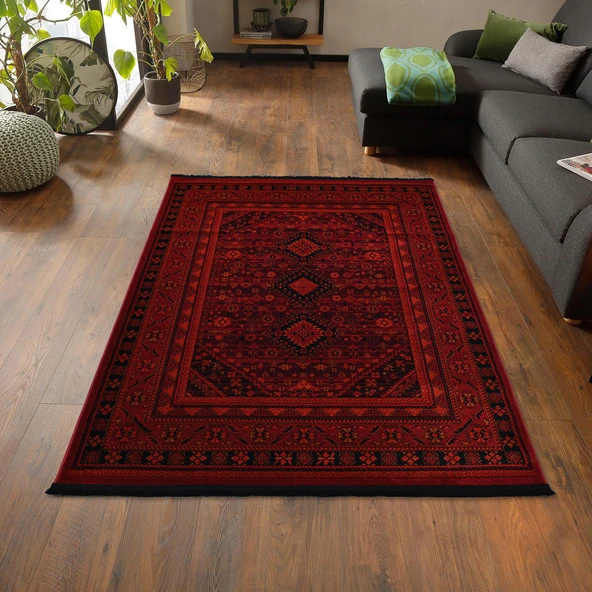 Afgan Türkmen Otantik Desenli Dokuma Kırmızı Oturma Odası Salon Mutfak Halısı Yolluk X380A