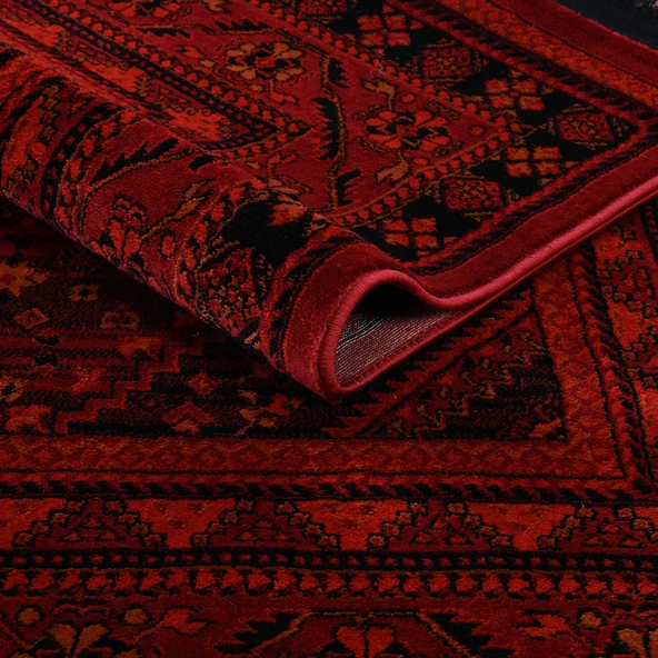 Afgan Türkmen Otantik Desenli Dokuma Kırmızı Oturma Odası Salon Mutfak Halısı Yolluk X380A - 5