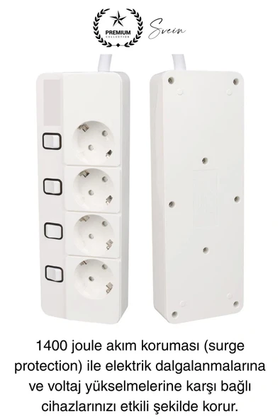 Özel Üretim 4'lü Ayrı Anahtarlı 2 Metre Akım Korumalı Grup Priz 1400 Joule 4000W Çoklu Uzatma Kablo - 2