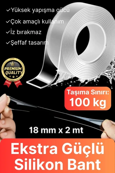 Çok Amaçlı Dayanıklı Çift Taraflı İz Bırakmaz Tamir Montaj Bandı Şeffaf Güçlü Silikon Bant 18mmX 2mt ürün görseli