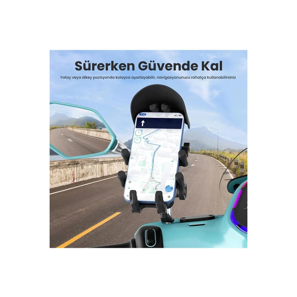 Ayna Bağlantılı Güneş Ve Yağmur Korumalı 360° Derece Ayarlanabilir Motosiklet Telefon Tutucu - 5