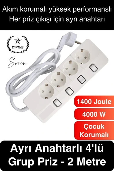 Özel Üretim 4'lü Ayrı Anahtarlı 2 Metre Akım Korumalı Grup Priz 1400 Joule 4000W Çoklu Uzatma Kablo - 1