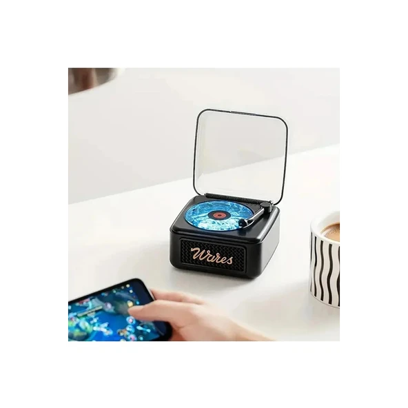Nostalji Mini Plak Görünümlü Radyolu Bluetooth Hoparlör 3d Ses Dalgası Retro Müzik Plak Siyah - 2