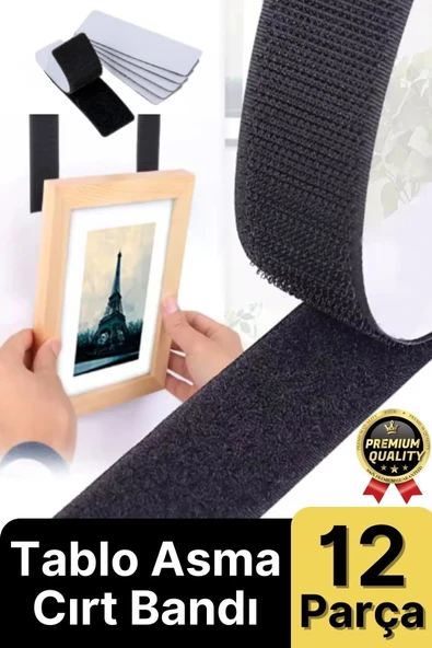 Ultra Güçlü İz Bırakmaz Çivisiz Tablo Çerçeve Asma Kendinden Yapışkanlı Siyah Cırt Bant 12'li Set - 1