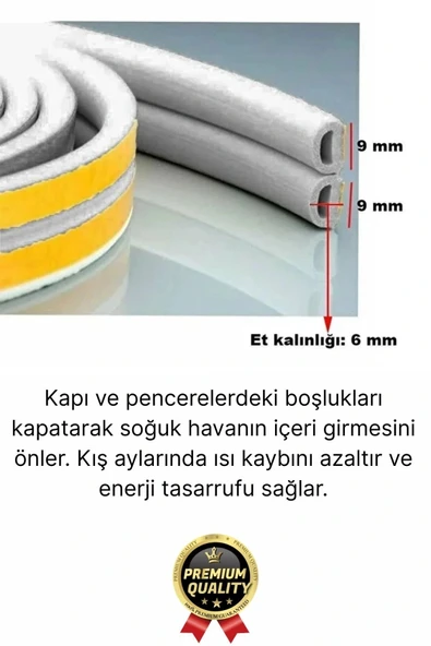 Güçlü Kendinden Yapışkanlı Kapı Pencere Soğuk Hava Geçirmez Yalıtım İzolasyon Gri Fitil 6 Metre - 3