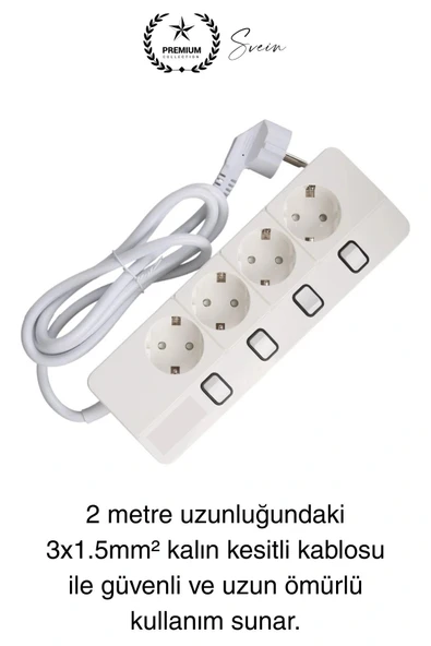 Özel Üretim 4'lü Ayrı Anahtarlı 2 Metre Akım Korumalı Grup Priz 1400 Joule 4000W Çoklu Uzatma Kablo - 5