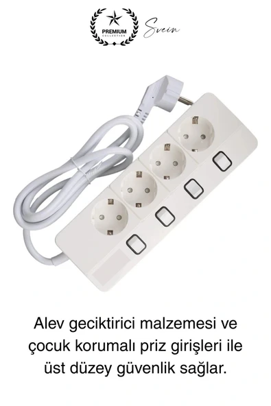 Özel Üretim 4'lü Ayrı Anahtarlı 2 Metre Akım Korumalı Grup Priz 1400 Joule 4000W Çoklu Uzatma Kablo - 4